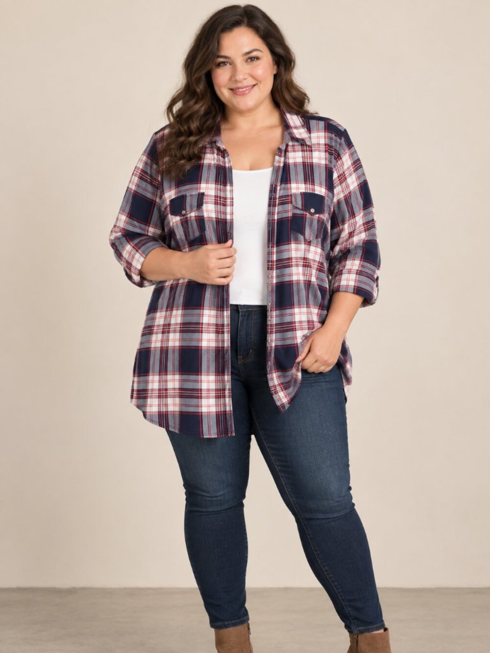 PaperMoon Women’s 1X Plaid Button Front Tunic Top 3/4 Sleeve Lightweight